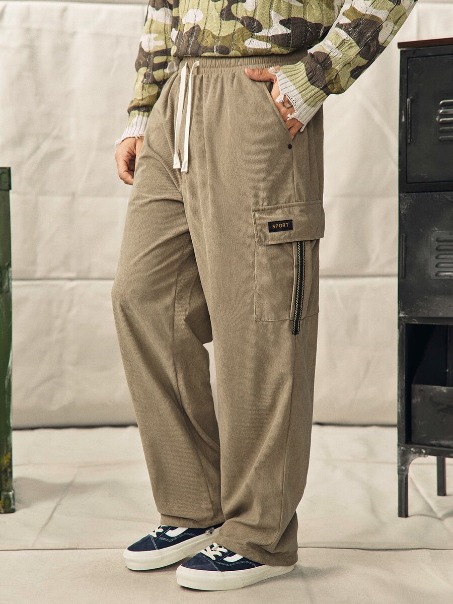 Khaki Corduroy Cargo Pants For Men, Elastic Waist, Zipper Flap Pocket, Drawstring Hem, Streetwear St Vacation Autumn - Khaki - View 1