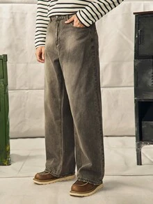 Norleigh Men's Casual Washed Distressed Wide Leg Jeans Baggy Jeans Men - Light Grey - View 6