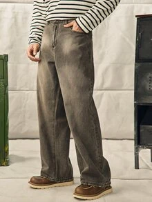 Norleigh Men's Casual Washed Distressed Wide Leg Jeans Baggy Jeans Men - Light Grey - View 3