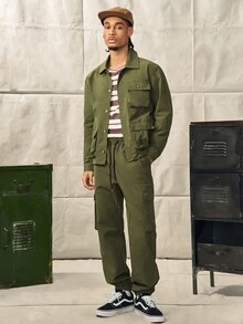 Norleigh 男士纯色长袖单排扣工装口袋衬衫和裤子休闲西装秋季服装 - 軍綠色 - 查看 1