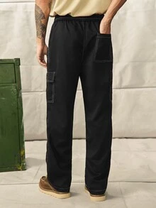 Norleigh Men's Flip Pocket Drawstring Waist Straight Leg Cargo Pants Baggy Long Slacks Plain Black Going Out, For Fall - Black - View 2