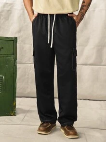 Norleigh Men's Flip Pocket Drawstring Waist Straight Leg Cargo Pants Baggy Long Slacks Plain Black Going Out, For Fall - Black - View 7