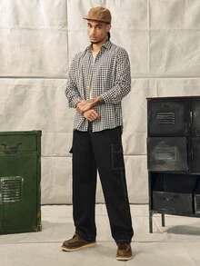 Norleigh Men's Flip Pocket Drawstring Waist Straight Leg Cargo Pants Baggy Long Slacks Plain Black Going Out, For Fall - Black - View 4