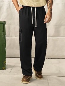 Norleigh Men's Flip Pocket Drawstring Waist Straight Leg Cargo Pants Baggy Long Slacks Plain Black Going Out, For Fall - Black - View 3