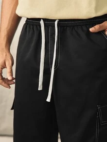 Norleigh Men's Flip Pocket Drawstring Waist Straight Leg Cargo Pants Baggy Long Slacks Plain Black Going Out, For Fall - Black - View 5