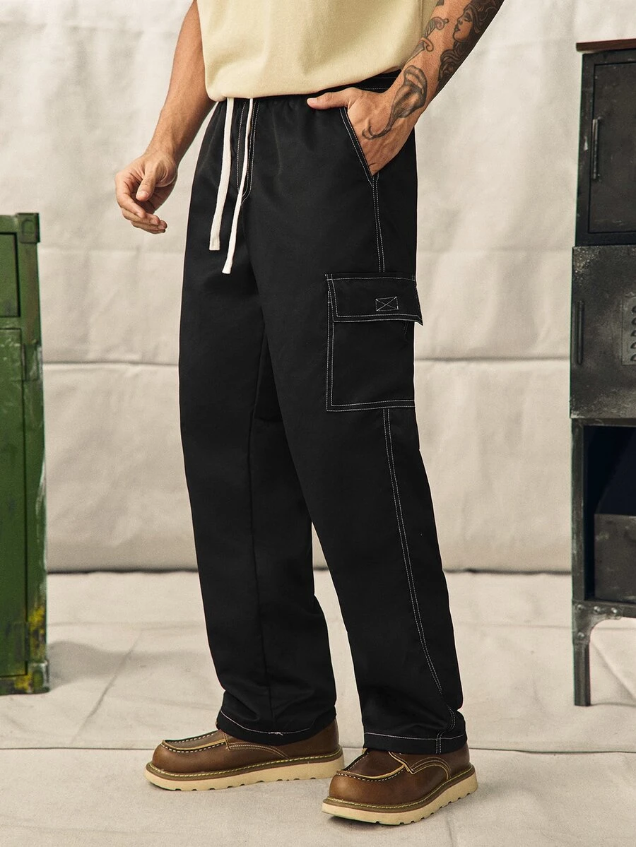 Norleigh Men's Flip Pocket Drawstring Waist Straight Leg Cargo Pants Baggy Long Slacks Plain Black Going Out, For Fall - Black - View 1