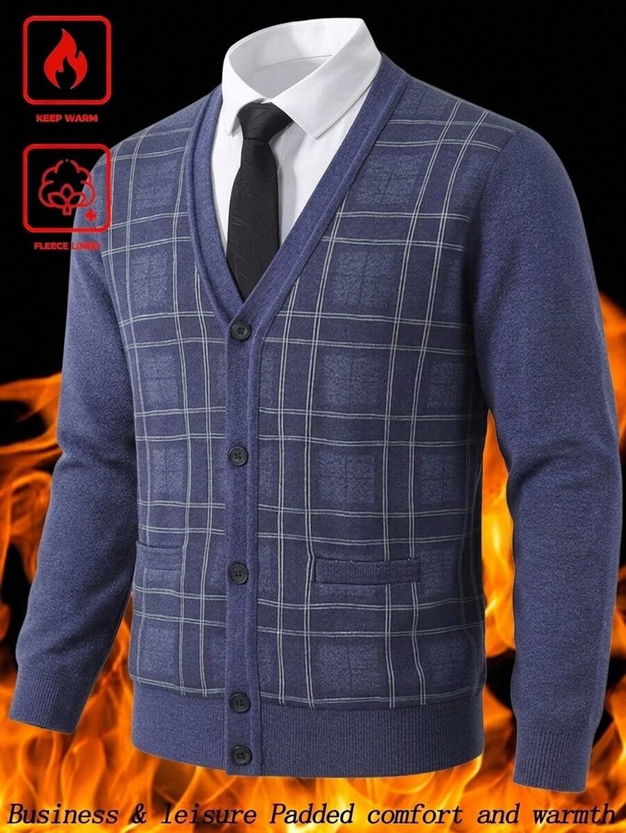 Manfinity Homme كارديجان رجالي كاجوال بنقشة مربعات وتصميم رقع، خريف/شتاء - الأزرق - مشاهدة 1