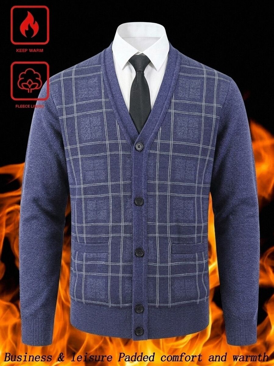 Manfinity Homme Men's Casual Plaid Patchwork Cardigan, Autumn/Winter - Blue - View 1