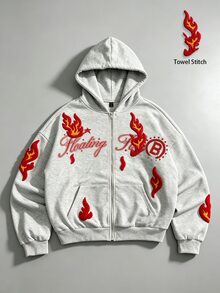 ROMWE MEN Street Life 2026 春/秋/冬新款男士重磅刺繡拉鍊運動衫夾克，休閒時尚街頭風，中性情侶夾克 - 灰色 - 查看 5