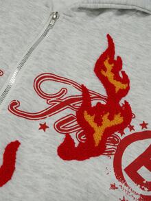 ROMWE MEN Street Life 2026 春/秋/冬新款男士重磅刺繡拉鍊運動衫夾克，休閒時尚街頭風，中性情侶夾克 - 灰色 - 查看 2