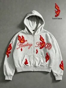 ROMWE MEN Street Life 2026 春/秋/冬新款男士重磅刺繡拉鍊運動衫夾克，休閒時尚街頭風，中性情侶夾克 - 灰色 - 查看 7