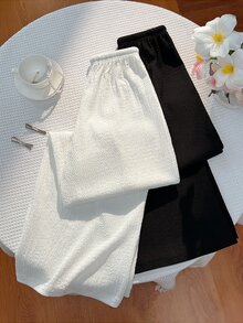 SHEIN Tall Women's Black & White Y2K Casual Vacation Comfortable Versatile Textured Fabric Wide Leg Straight Long Pants 2 Pieces Set - Multicolor - View 2