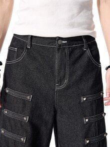 ROMWE MEN Prep 男士休閒水洗鉚釘裝飾寬腿牛仔褲 - 黑色 - 查看 2
