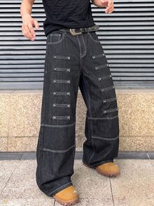ROMWE MEN Prep 男士休閒水洗鉚釘裝飾寬腿牛仔褲 - 黑色 - 查看 8