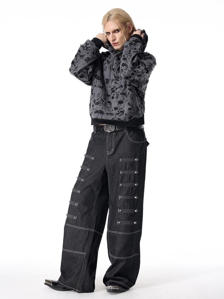 ROMWE MEN Prep Men's Casual Washed Rivet Decor Wide Leg Jeans - Black - View 7