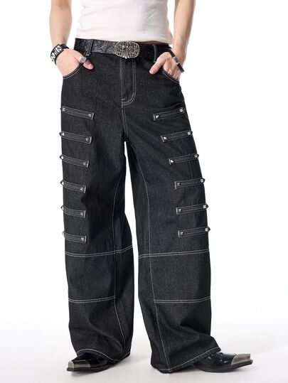 Prep Jeans casual da uomo con decorazione a rivetti e gamba ampia, lavati