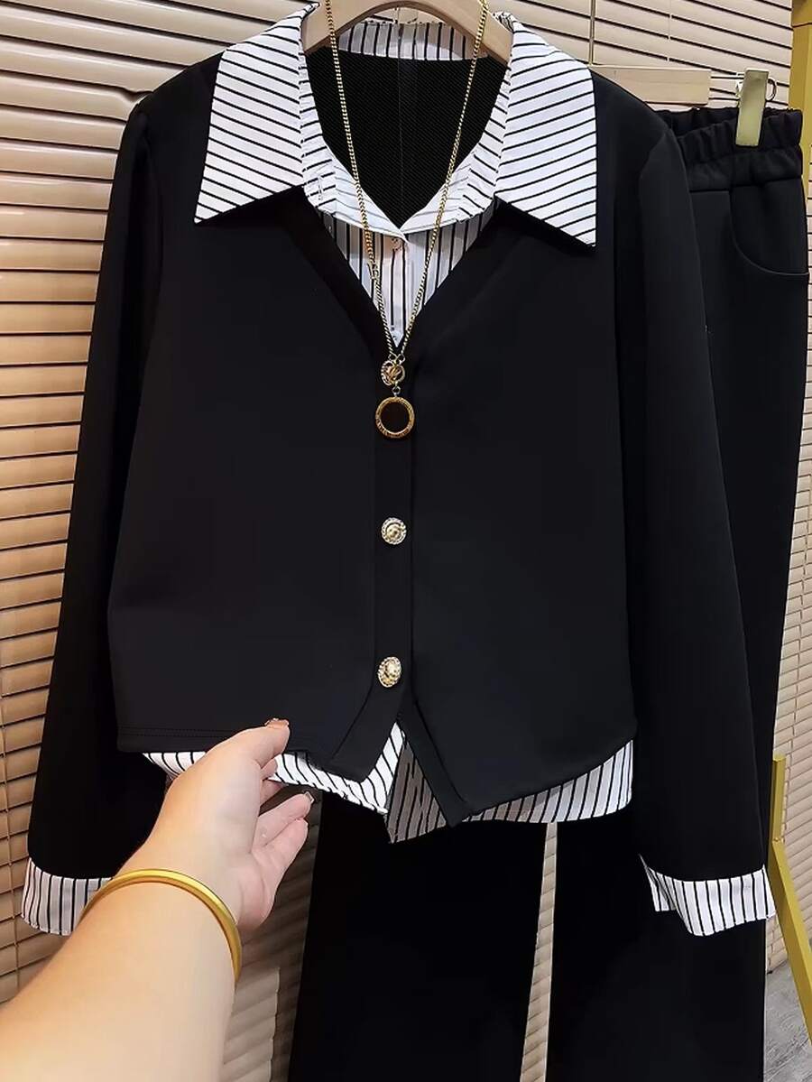 Resyla Women's Patchwork Striped Shirt Collar Long Sleeve 2 In 1 Casual Sweatshirt - Black - View 1