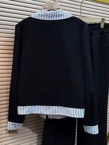 Resyla Women's Patchwork Striped Shirt Collar Long Sleeve 2 In 1 Casual Sweatshirt - Black - View 2