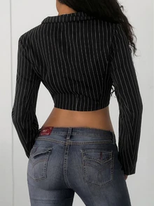 Jeanoix Blazer Seksi Wanita Lengan Panjang Bergaris Model Pendek - MultiWarna - View 2