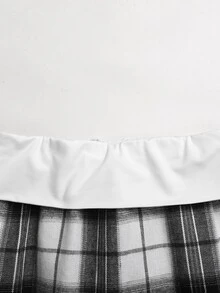 青少年女孩黑色與白色學院風格紋摺疊對比腰頭設計寬鬆長褲 - 黑與白 - 查看 3