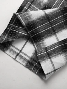 青少年女孩黑色與白色學院風格紋摺疊對比腰頭設計寬鬆長褲 - 黑與白 - 查看 4