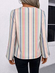 SHEIN LUNE Casual Minimalist Colorful Faux Texture Striped All-Over Print Pattern Women's Shirt Suitable For Spring And Autumn - Multicolor - View 2