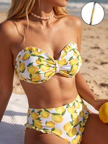 Swim Mod 2026 Nuovo Set Bikini Estivo Taglie Forti per Donna, Bandeau con Spalline Staccabili, Stampa Frutta Limone, Stile Carino e Femminile, Costume da Bagno 2 Pezzi per Vacanze al Mare - Giallo - Visualizzare 4