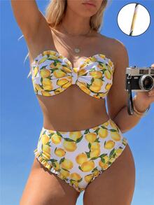 Swim Mod 2026 Nuovo Set Bikini Estivo Taglie Forti per Donna, Bandeau con Spalline Staccabili, Stampa Frutta Limone, Stile Carino e Femminile, Costume da Bagno 2 Pezzi per Vacanze al Mare - Giallo - Visualizzare 3