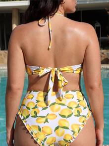 Swim Mod 2026 Nuovo Set Bikini Estivo Taglie Forti per Donna, Bandeau con Spalline Staccabili, Stampa Frutta Limone, Stile Carino e Femminile, Costume da Bagno 2 Pezzi per Vacanze al Mare - Giallo - Visualizzare 2