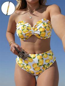 Swim Mod 2026 Nuovo Set Bikini Estivo Taglie Forti per Donna, Bandeau con Spalline Staccabili, Stampa Frutta Limone, Stile Carino e Femminile, Costume da Bagno 2 Pezzi per Vacanze al Mare - Giallo - Visualizzare 1