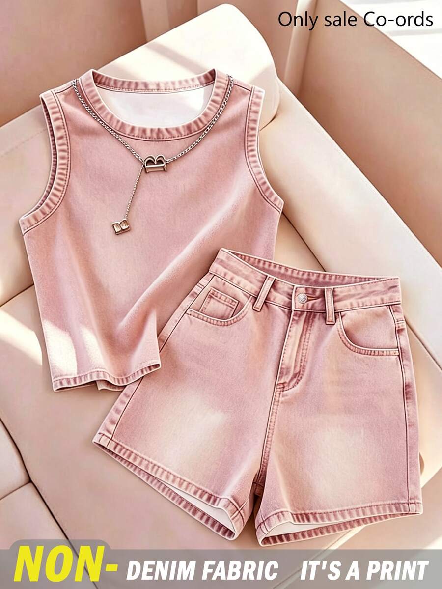 Franclia Women's Round Neck Top And Pocket Button Shorts Casual Daily Set - Baby Pink - View 1