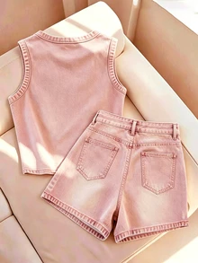 Franclia Women's Round Neck Top And Pocket Button Shorts Casual Daily Set - Baby Pink - View 2