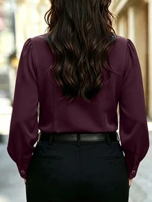 Velvienne Plus Size Elegant Long Sleeve Button-Up Blouse With Ruffle Trim For Women Fall - Red Violet - View 2
