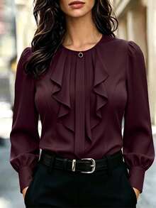 Velvienne Plus Size Elegant Long Sleeve Button-Up Blouse With Ruffle Trim For Women Fall - Red Violet - View 1