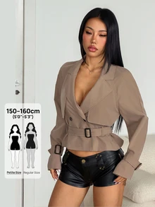 SHEIN PETITE 女款時尚百搭鈕扣收腰長袖風衣 - 卡其色 - 查看 8