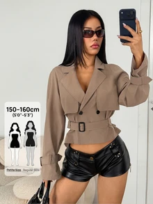 SHEIN PETITE 女款時尚百搭鈕扣收腰長袖風衣 - 卡其色 - 查看 9