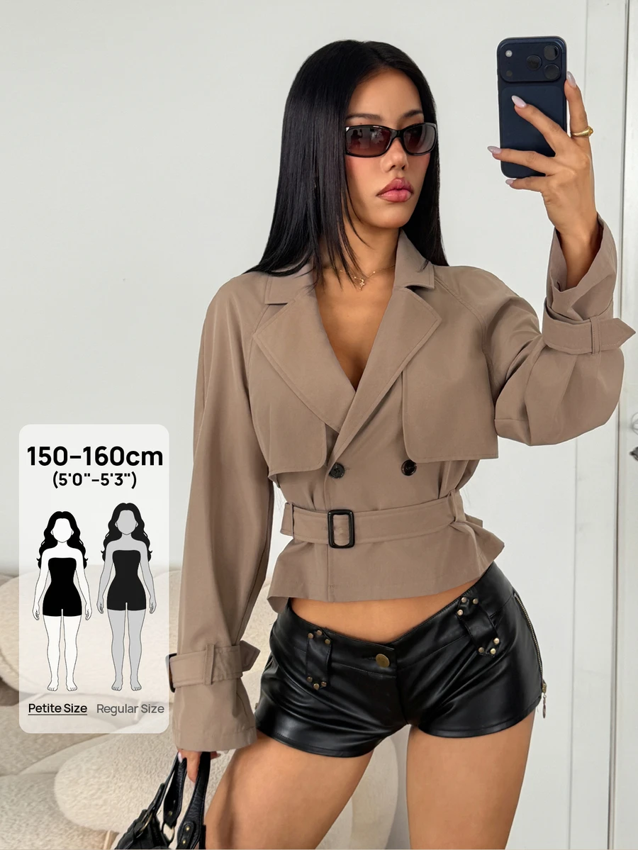 SHEIN PETITE Women's Fashion Versatile Button Waist-Cinching Long Sleeve Trench Coat - Khaki - View 1