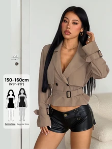 SHEIN PETITE 女款時尚百搭鈕扣收腰長袖風衣 - 卡其色 - 查看 1