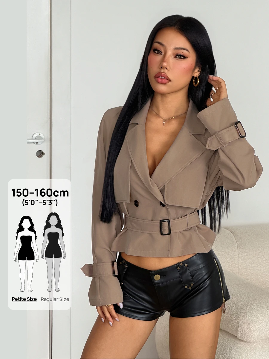 SHEIN PETITE 女款時尚百搭鈕扣收腰長袖風衣 - 卡其色 - 查看 1