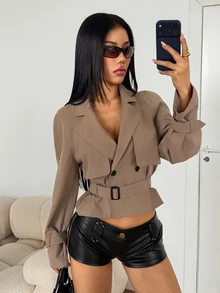 SHEIN PETITE 女款時尚百搭鈕扣收腰長袖風衣 - 卡其色 - 查看 5