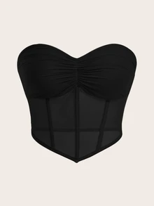 SHEIN ICON 褶皺頭巾邊網狀筒黑色束腰上衣 - 黑色 - 查看 3