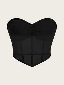 SHEIN ICON 褶皺頭巾邊網狀筒黑色束腰上衣 - 黑色 - 查看 2