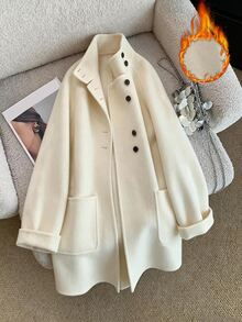 SHEIN Franclia Women's Soft & Cozy Button Long Sleeve Pocket Overcoat - Beige - View 6