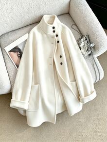 SHEIN Franclia Women's Soft & Cozy Button Long Sleeve Pocket Overcoat - Beige - View 7