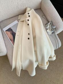 SHEIN Franclia Women's Soft & Cozy Button Long Sleeve Pocket Overcoat - Beige - View 5