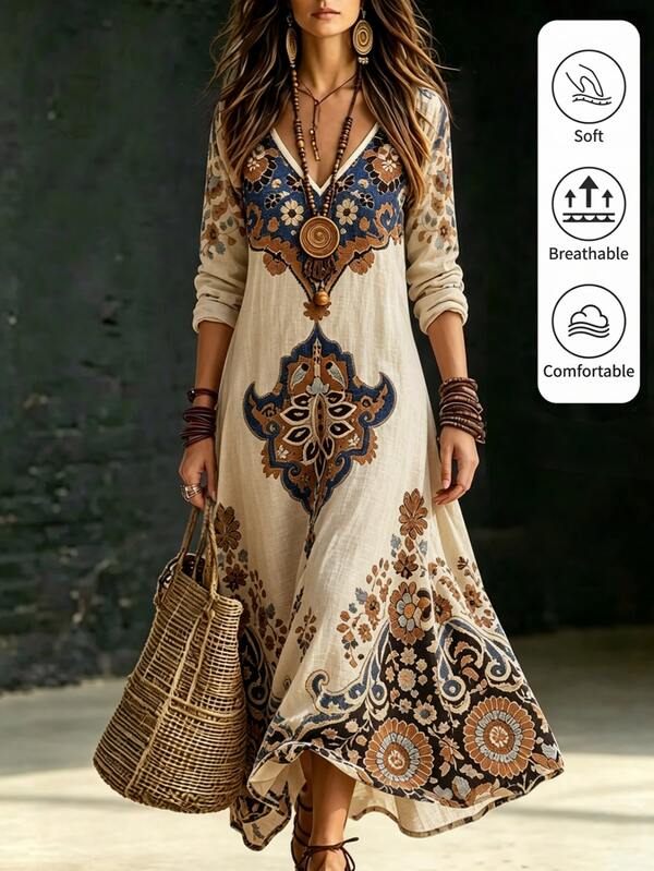 Breezaya Gaun Liburan Luar Ruangan Gaya Pedesaan Kasual Barat Amerika Vintage Beige Bertekstur Katun Linen Imitasi Lengan Panjang Leher V Motif Mandala Persia Besar di Bagian Bawah Depan Rok Longgar Asimetris Berumbai Gaya Pedesaan