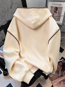 Resyla 秋季戶外上衣 大尺碼女款貝殼刺繡裝飾連帽衛衣 刺繡帽緣 簡約字母印花圖案 休閒戶外日常穿著 - 灰色 - 查看 2