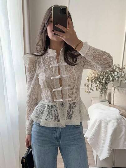 Serisse Blusa de manga larga con botones de rana estilo francés suave, encaje y plisado para mujer