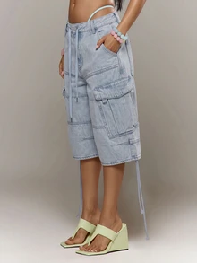 MUSERA Pink Low Rise Cargo Shorts Jorts Baggy Short Adustable Waist Spring Summer Holiday Vacation Ibiza - Baby Blue - View 4