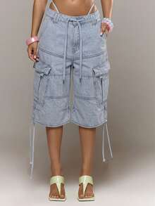 MUSERA Pink Low Rise Cargo Shorts Jorts Baggy Short Adustable Waist Spring Summer Holiday Vacation Ibiza - Baby Blue - View 3